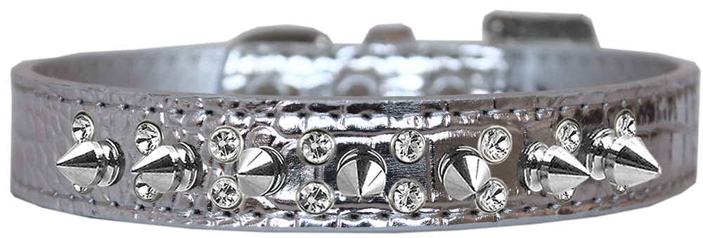 Double Crystal and Spike Croc Dog Collar Silver Size 12